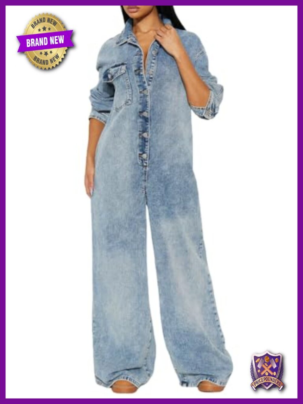 Womens Denim Jumpsuit Lapel Single Breasted Long Sleeve Wide Leg One Piece
